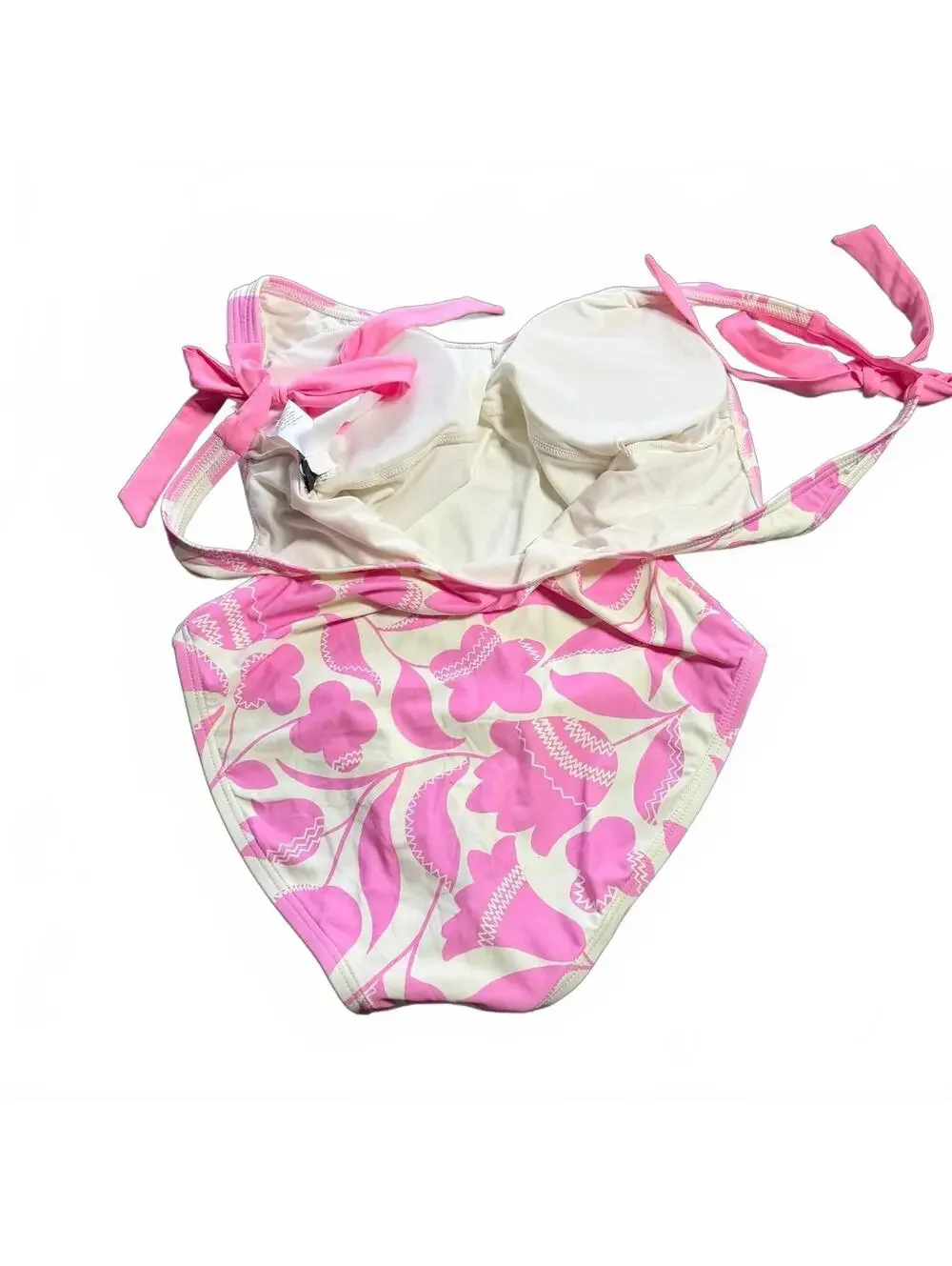 Kate Spade bow shoulder accent v front one piece swimsuit pink cream size S New